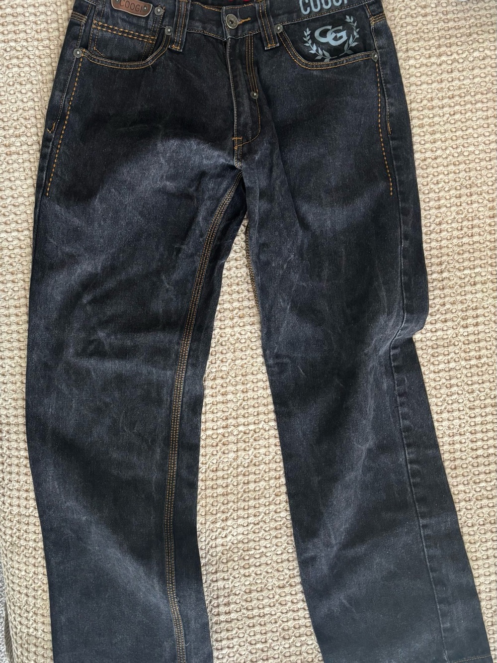 COOGI Black Denim Jeans with Red Logo and Tan Stitching